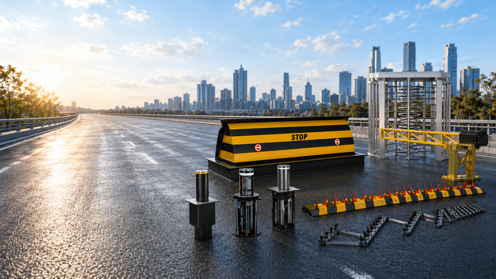 High alert road blockers and bollard vehicle barrier systems
