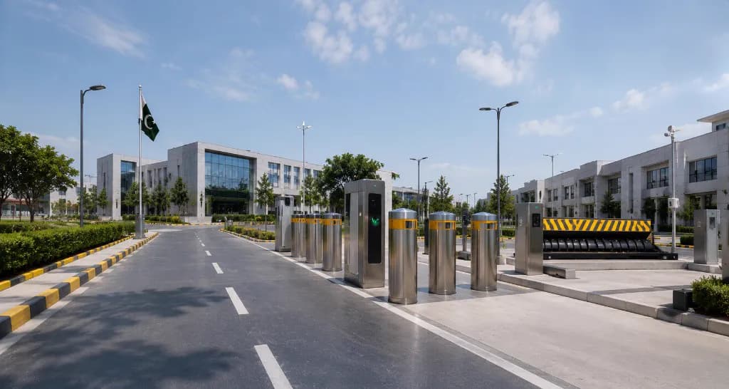 Security campus installation with bollards and perimeter access